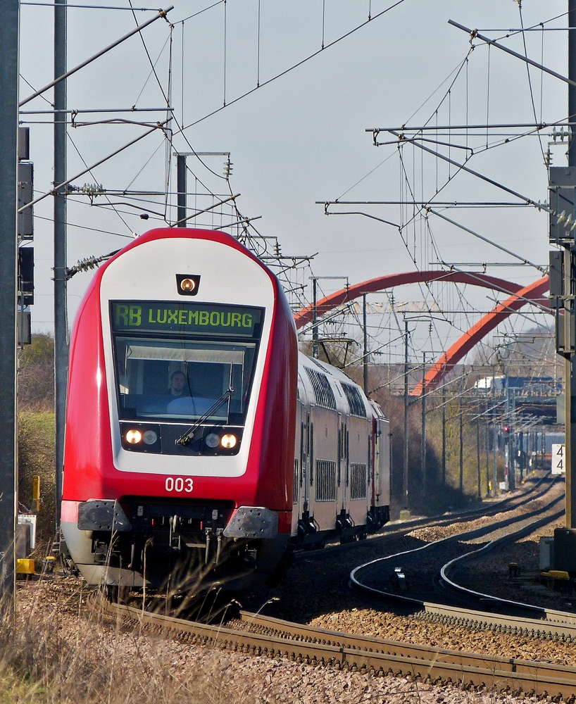 . Hoffentlich stren die filigranen Grashalme nicht den Gesamteindruck des CFL Wendezuges bei der Einfahrt in den Bahnhof von Noertzange. 24.02.2014 (Jeanny)