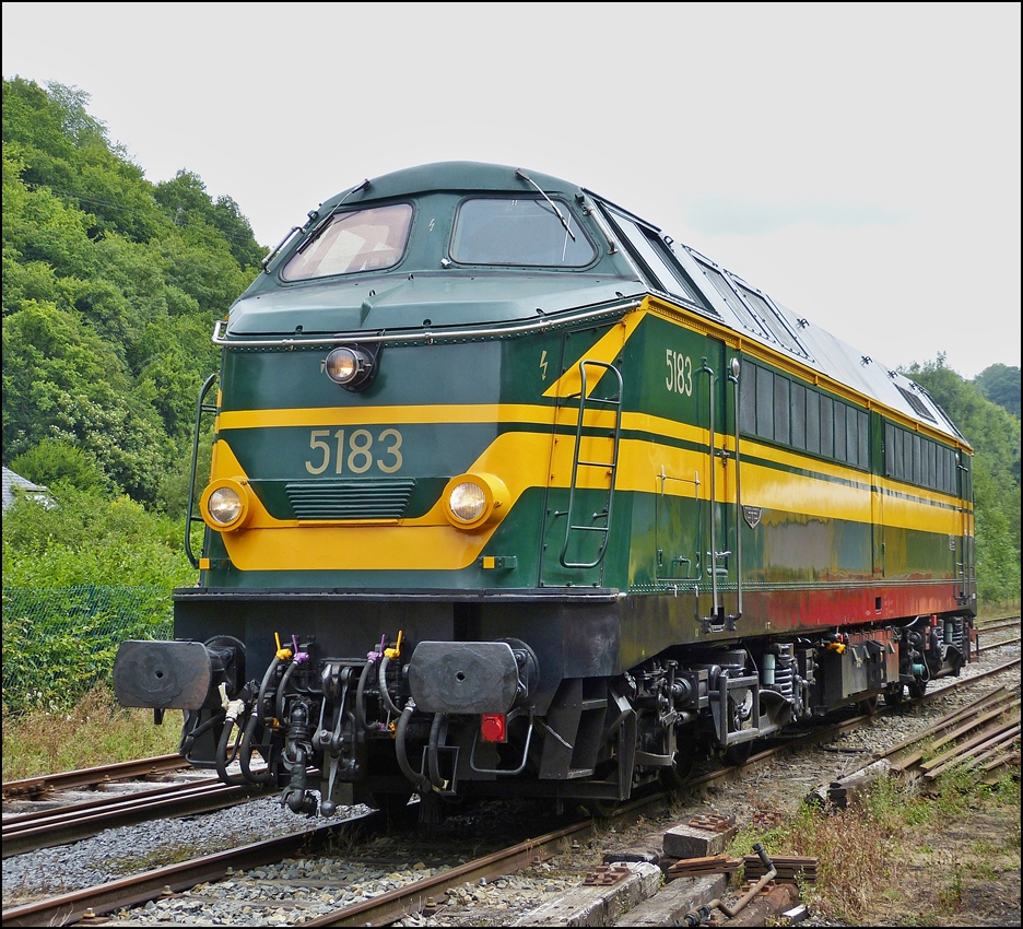 . Portrait der schn restaurierten HLD 5183 im Bahnhof Dorinne-Durnal an der Museumsstrecke Le Chemin de Fer du Bocq. Die HLD 5183 wurde am 01.07.2001 von der SNCB ausgemustert und kam im Januar 2002 zum Museumsbahnverein P.F.T. – T.S.P. (Patrimoine ferroviaire et tourisme – Toerisme en Spoorpatrimonium). Dort wurde sie whrend 5 Jahren restauriert (2004 bis 2009) und bekam die Farbgebung von 1970. Seit 2009 ist wieder einsatzbereit und sehr oft mit Sonderzgen unterwegs. 17.08.2013 (Hans)

Allgemeine Informationen zur Srie 51:

Die Srie 200 (seit 1971: Srie 51) der Belgischen Staatsbahn (NMBS/SNCB) ist eine Reihe von sechsachsigen diesel-elektrischen Streckendiesellokomotiven. Sie war neben der Srie 205 der zweite Dieselloktyp der SNCB.

Die Srie 200 entstand auf Basis der Srie 201 und sollte wie diese vorrangig auf den Flachlandstrecken Flanderns eingesetzt werden. Sie wurde ab 1961 von Cockerill und ACEC konstruiert. Der ersten Bestellung von 53 Lokomotiven folgte noch whrend ihrer Auslieferung eine zweite von 40 Exemplaren mit leichten Modifikationen. Mit einer Leistung von 1450 Kilowatt (2000 PS) waren sie die strksten Serienlokomotiven Belgiens. Ihr Einsatz erfolgte sowohl vor Gter- als auch Personenzgen, darunter auch den TEE in Richtung der Niederlande.

Die insgesamt 93 Lokomotiven waren vorwiegend in Charleroi, Lttich, Antwerpen und Brssel beheimatet. In den 1990er Jahren verlagerte sich ihr Einsatz zunehmend auf den Gterverkehr, hier insbesondere auf den Relationen zum Antwerper Hafen. Mit der Auslieferung der Srie 77 zu Beginn der 2000er Jahre begann die Ausmusterung der Srie 200. Die letzten Exemplare verkehrten im August 2003.

Elf Lokomotiven wurden in den Jahren 2007 bis 2009 nach Italien verkauft, zwei weitere wurden an Seco-Rail verkauft. Fnf Lokomotiven gingen als historische Fahrzeuge an Vereine, eine weitere blieb als Museumsfahrzeug bei der NMBS/SNCB erhalten.

Als Ergnzung noch die technischen Daten der Srie 51:

Nummerierung: 200.01–200.93 (5101–5193)
Anzahl: 	93
Hersteller: 	Cockerill, ACEC
Baujahr(e): 	1961–1963
Ausmusterung: 2003
Achsformel: 	Co'Co'
Spurweite: 1435 mm (Normalspur)
Lnge ber Puffer: 	20.160 mm
Hhe: 	4.252 mm
Breite: 2.905 mm
Drehzapfenabstand: 10.600 mm
Drehgestellachsstand: 4.000 mm
Dienstmasse: 117 t
Hchstgeschwindigkeit: 120 km/h
Installierte Leistung: 1.450 kW
Anfahrzugkraft: 272 kN
Treibraddurchmesser: 1.010 mm
Motorentyp: 	Cockerill 608A
Antrieb: elektrisch
Kupplungstyp: Schraubenkupplung
