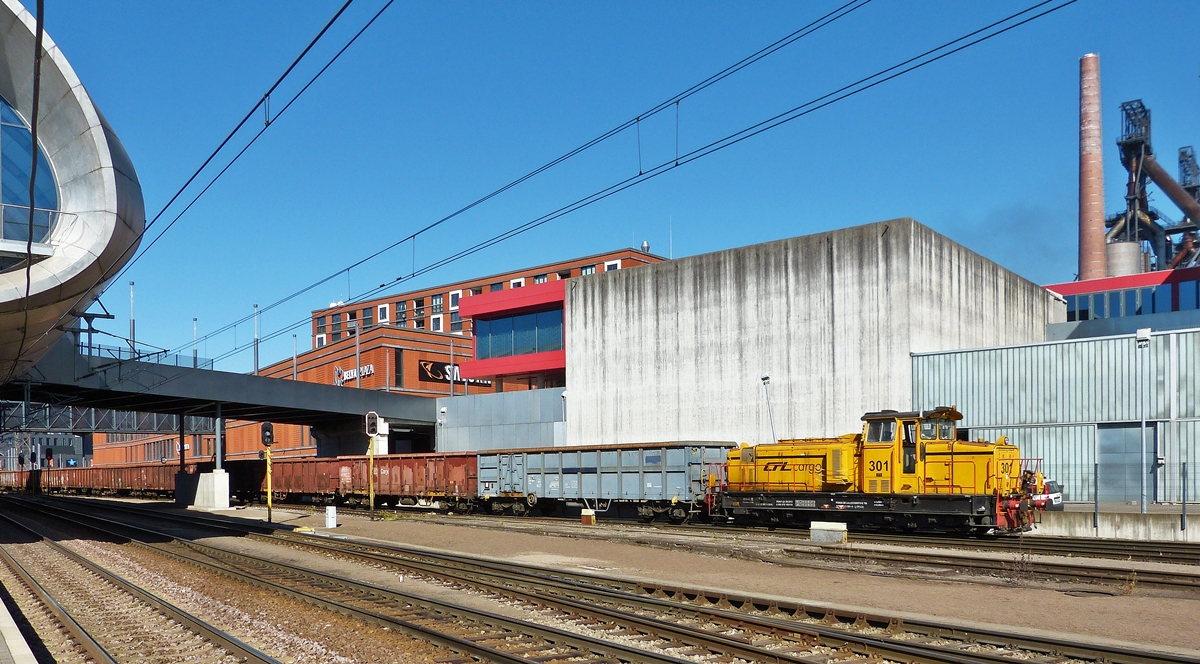 . Vor der Kulisse des neuen Viertels der Stadt Esch-sur-Alzette, Belval Universit, rangiert die CFL Cargo (ex Arbed) 301 einige Gterwagen. 02.10.2015 (Hans)