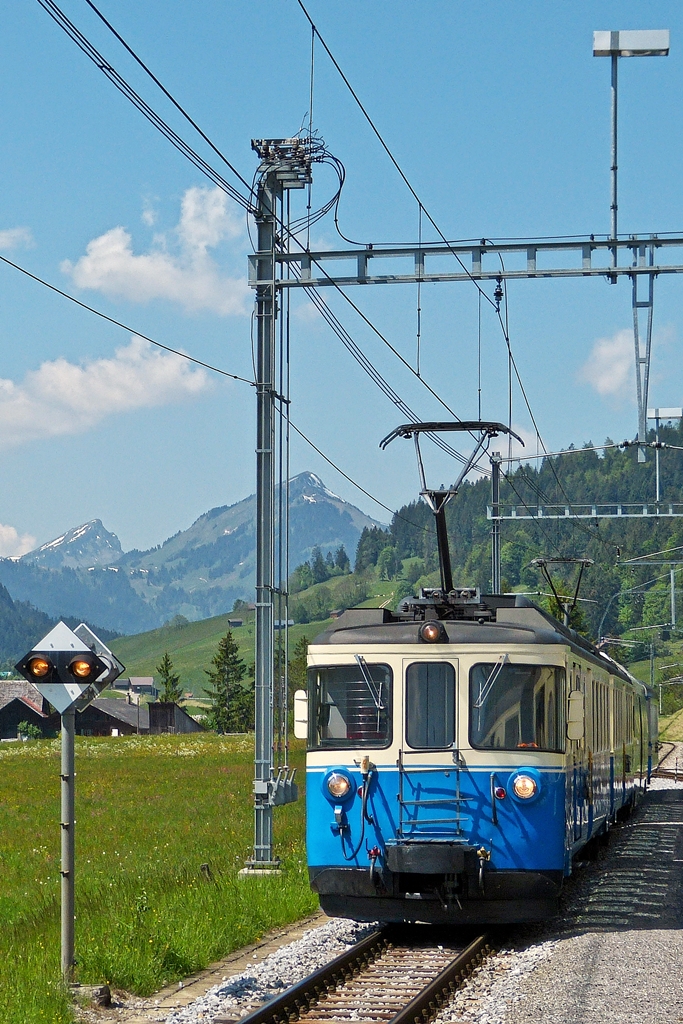 . Zugbegegnung in Flendruz - Ein schner MOB ABDe 8/8 fhrt am 25.05.2012 an der Kreuzungsstelle in Flendruz am Golden Pass Panoramic Zug vorbei. (Jeanny)