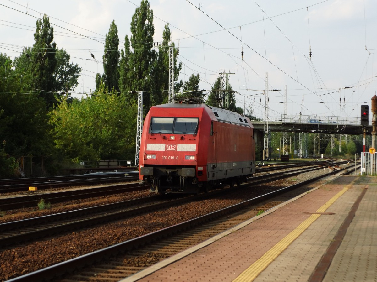 101 018, aus Dresden gekommen musste den EC aus Prag nach Berlin ab Elsterwerda bernehmen, nachdem 101 040 keine Lebenszeichen mehr gab. Hier beim Rangieren in Elsterwerda. 30.08.2013.