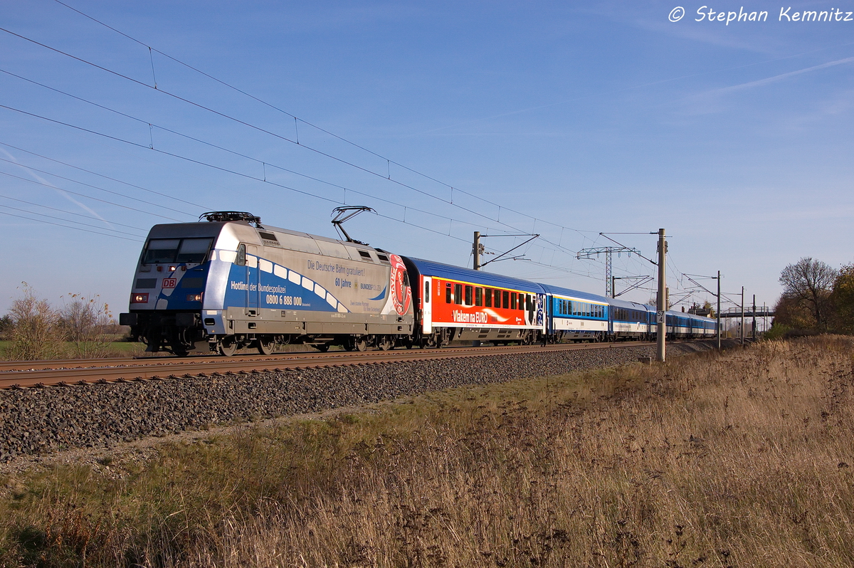 101 060-2  60 Jahre Bundespolizei  mit dem EC 176  Johannes Brahms  von Brno hl.n. nach Hamburg-Altona in Vietznitz. 31.10.2013