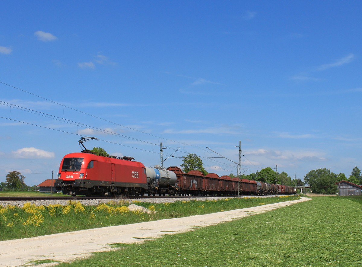 1016 045-7 am 14. Mai 2013 mit einem Gterzug aus Salzburg bei bersee am Chiemsee.