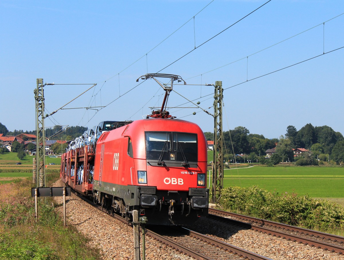 1016 049-7 ist mit einem Autozug in Richtung Salzburg unterwegs. Aufgenommen am 10. September 2012 kurz vor Bernau am Chiemsee.