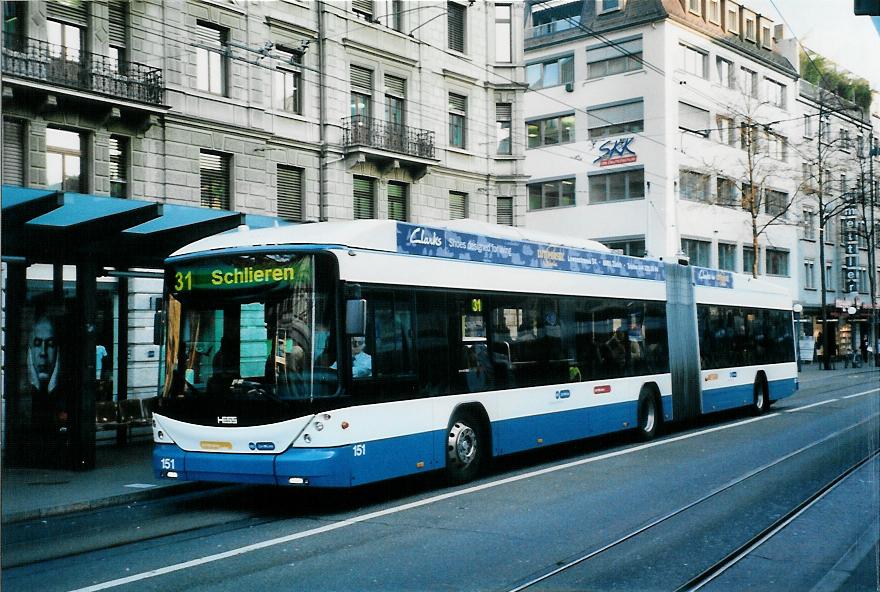 (104'336) - VBZ Zrich - Nr. 151 - Hess/Hess Gelenktrolleybus am 19. Februar 2008 in Zrich, Lwenplatz