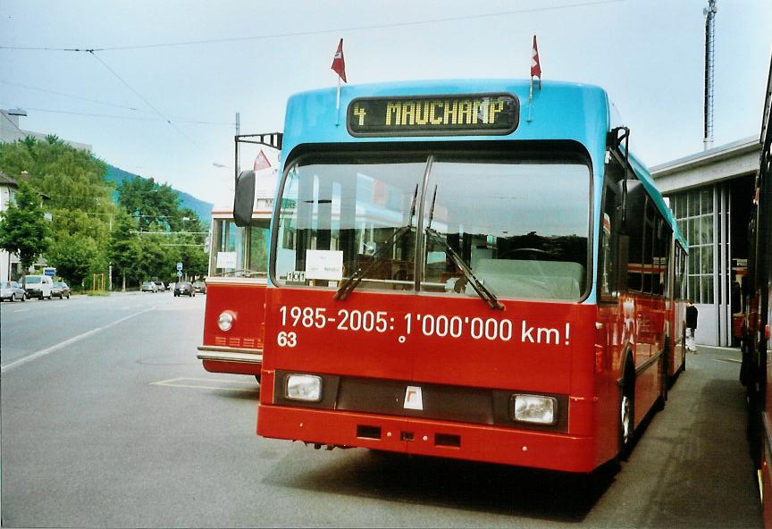 (107'709) - VB Biel - Nr. 63 - Volvo/R&J Gelenktrolleybus am 1. Juni 2008 in Biel, Depot