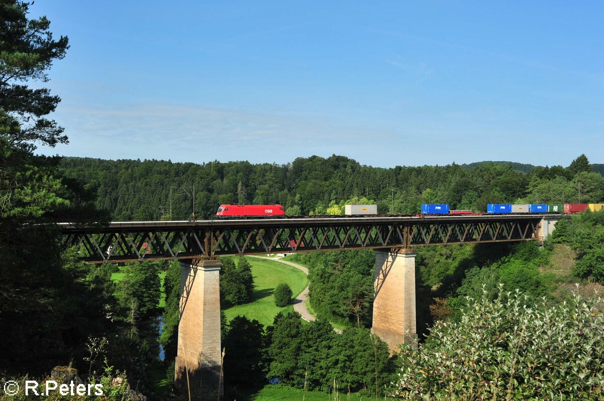 1116 103-1 überquert mit einem KLV-Zug das Viadukt bei Beratzhausen. 21.08.21