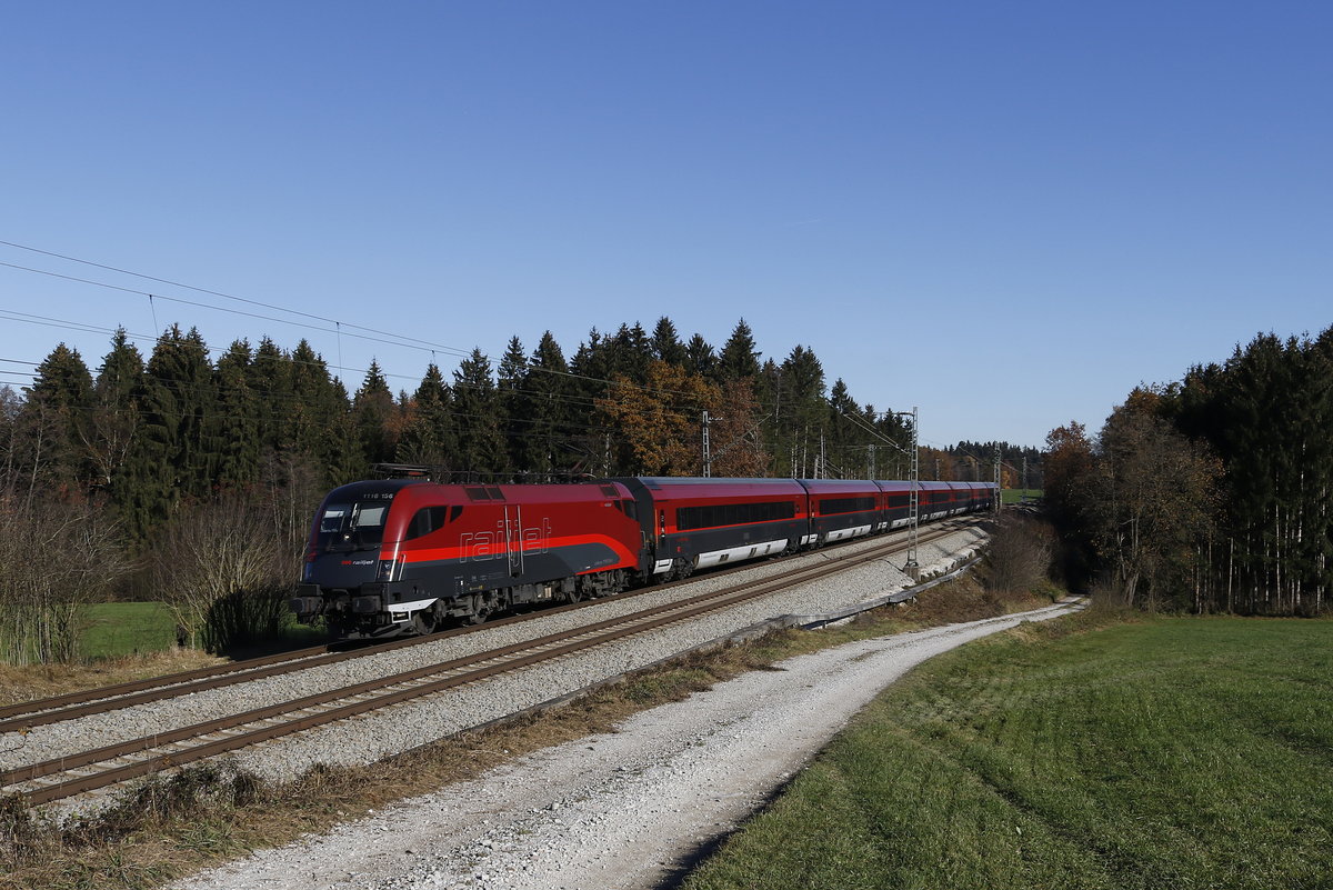 1116 156 mit einem  Railjet  am 10. November 2018 aus Salzburg kommend bei Grabensttt.