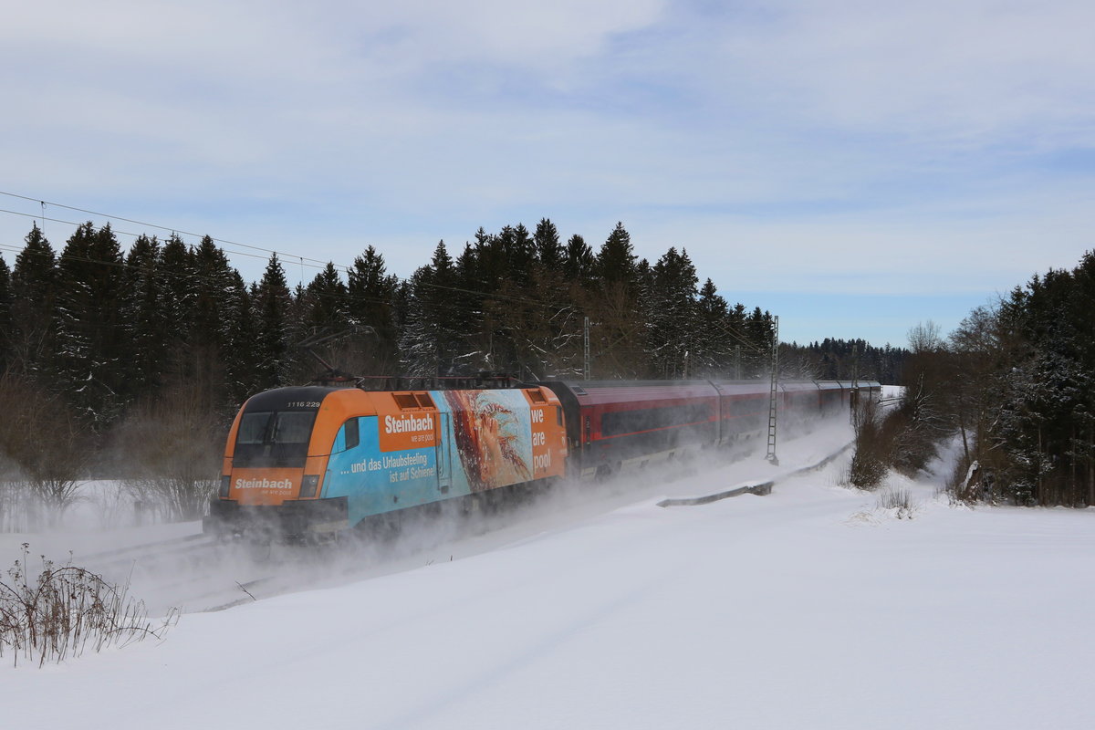 1116 229  Steinbach  schob am 27. Januar 2021 einen Railjet bei Grabensttt im Chiemgau in Richtung Salzburg.