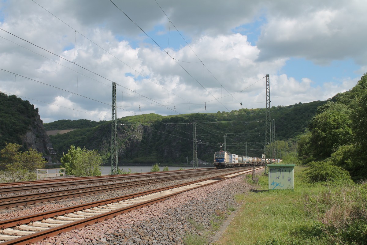 1193 980 mit einem Wechselpritschenzug beim Loreley Betriebsbahnhof. 07.05.15