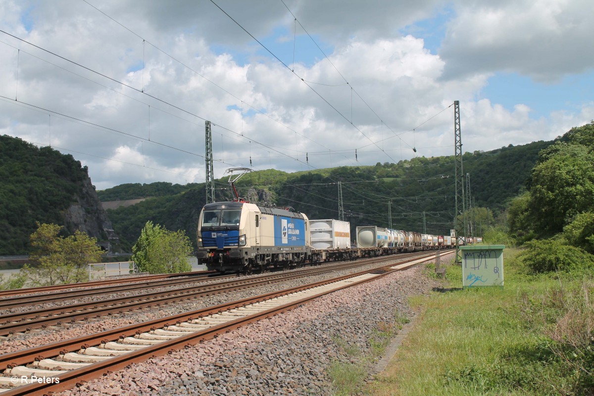 1193 980 mit einem Wechselpritschenzug beim Loreley Betriebsbahnhof. 07.05.15