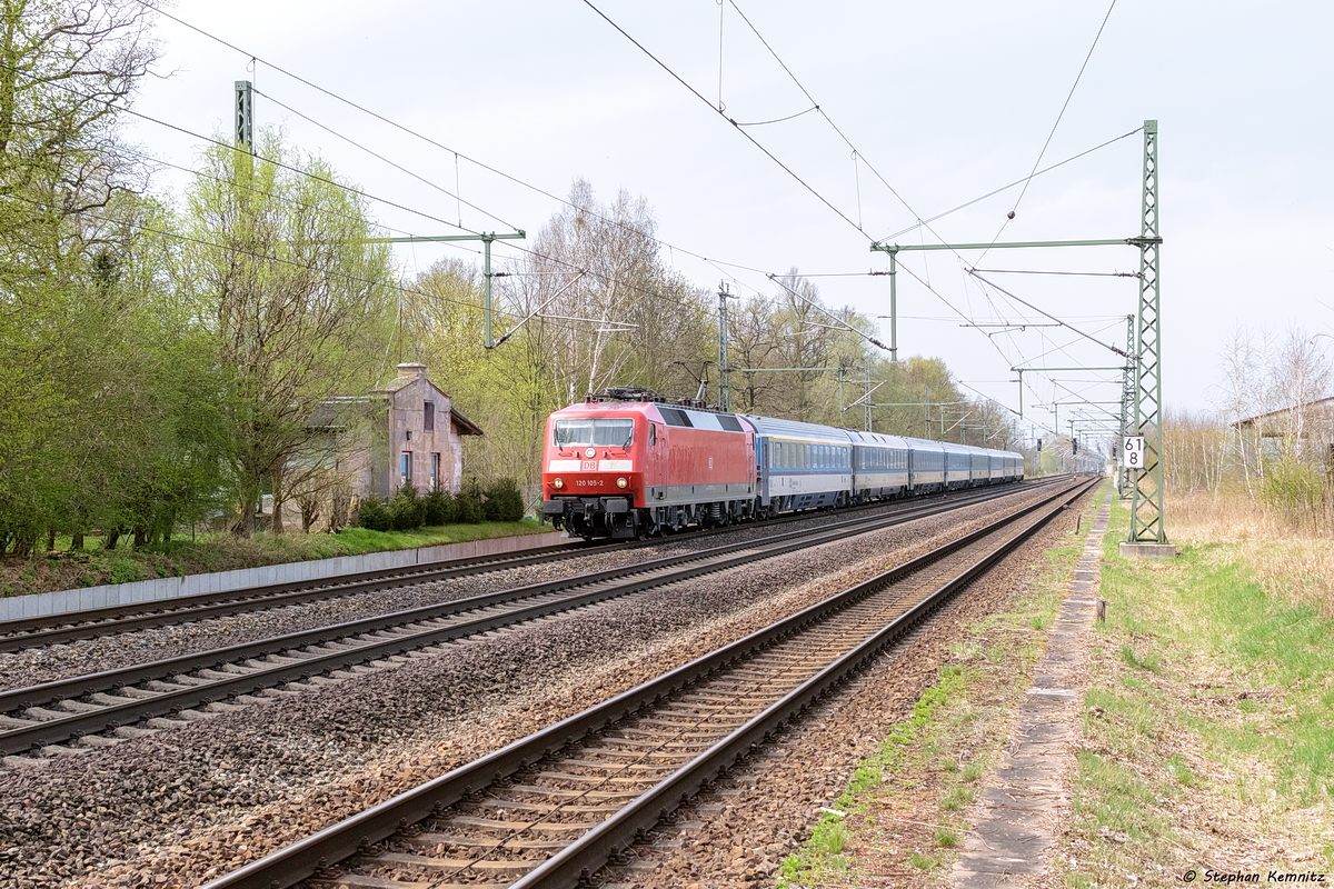 120 105-2 mit dem EC 177  Johannes Brahms  von Hamburg-Altona nach Praha hl.n in Friesack. 15.04.2018