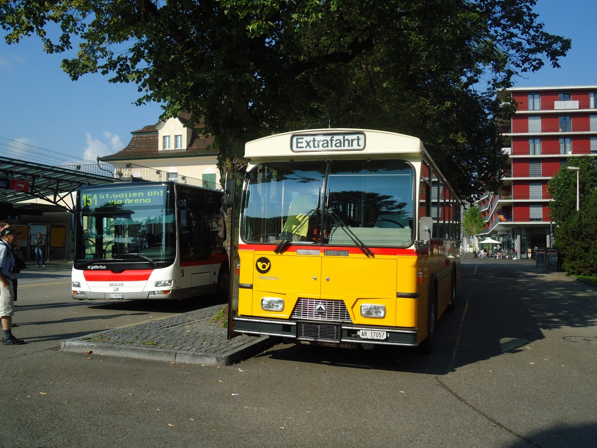 (128'781) - Osthues, Teufen - Nr. 15/AR 17'057 - Saurer/Leyland-Hess (ex AVG Grindelwald Nr. 15; ex RhV Altsttten Nr. 42) am 21. August 2010 beim Bahnhof Gossau