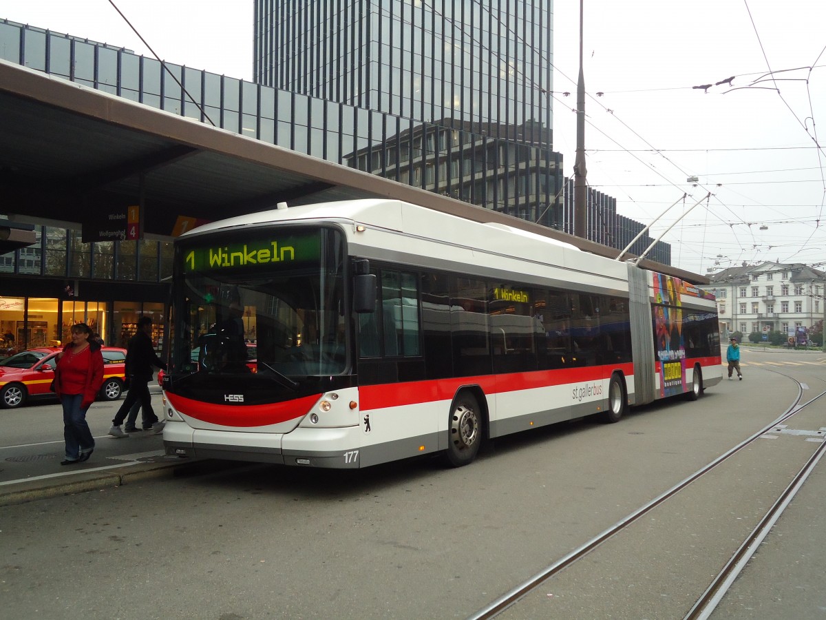 (130'428) - St. Gallerbus, St. Gallen - Nr. 177 - Hess/Hess Gelenktrolleybus am 13. Oktober 2010 beim Bahnhof St. Gallen