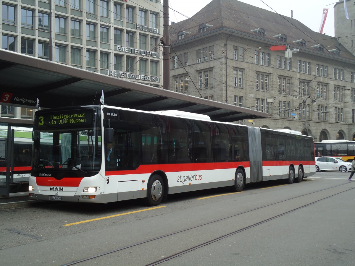 (130'431) - St. Gallerbus, St. Gallen - Nr. 299/SG 198'299 - MAN am 13. Oktober 2010 beim Bahnhof St. Gallen