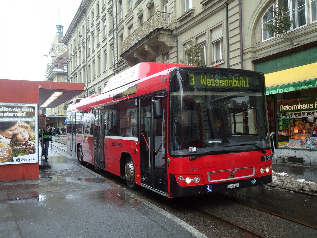 (131'375) - Bernmobil, Bern - Nr. 130/BE 624'130 - Volvo am 7. Dezember 2010 beim Bahnhof Bern