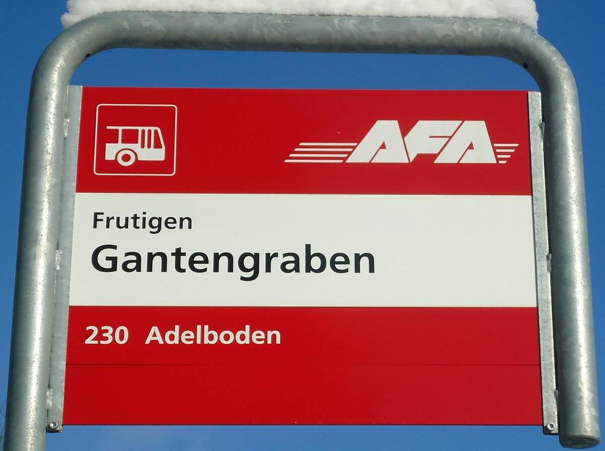 (131'697) - AFA-Haltestellenschild - Frutigen, Gantengraben - am 26. Dezember 2010