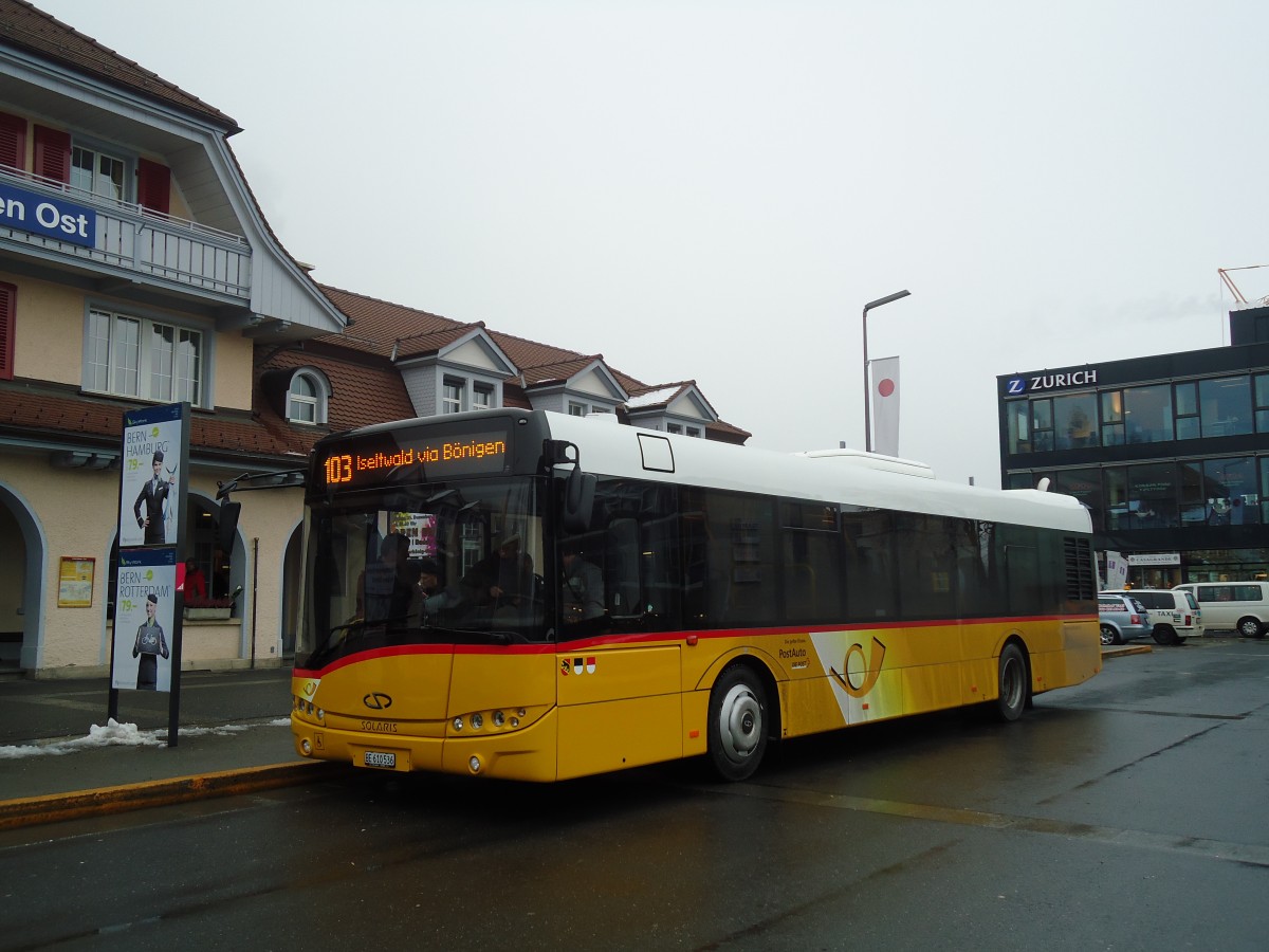 (131'844) - PostAuto Bern - BE 610'536 - Solaris am 30. Dezember 2010 beim Bahnhof Interlaken Ost