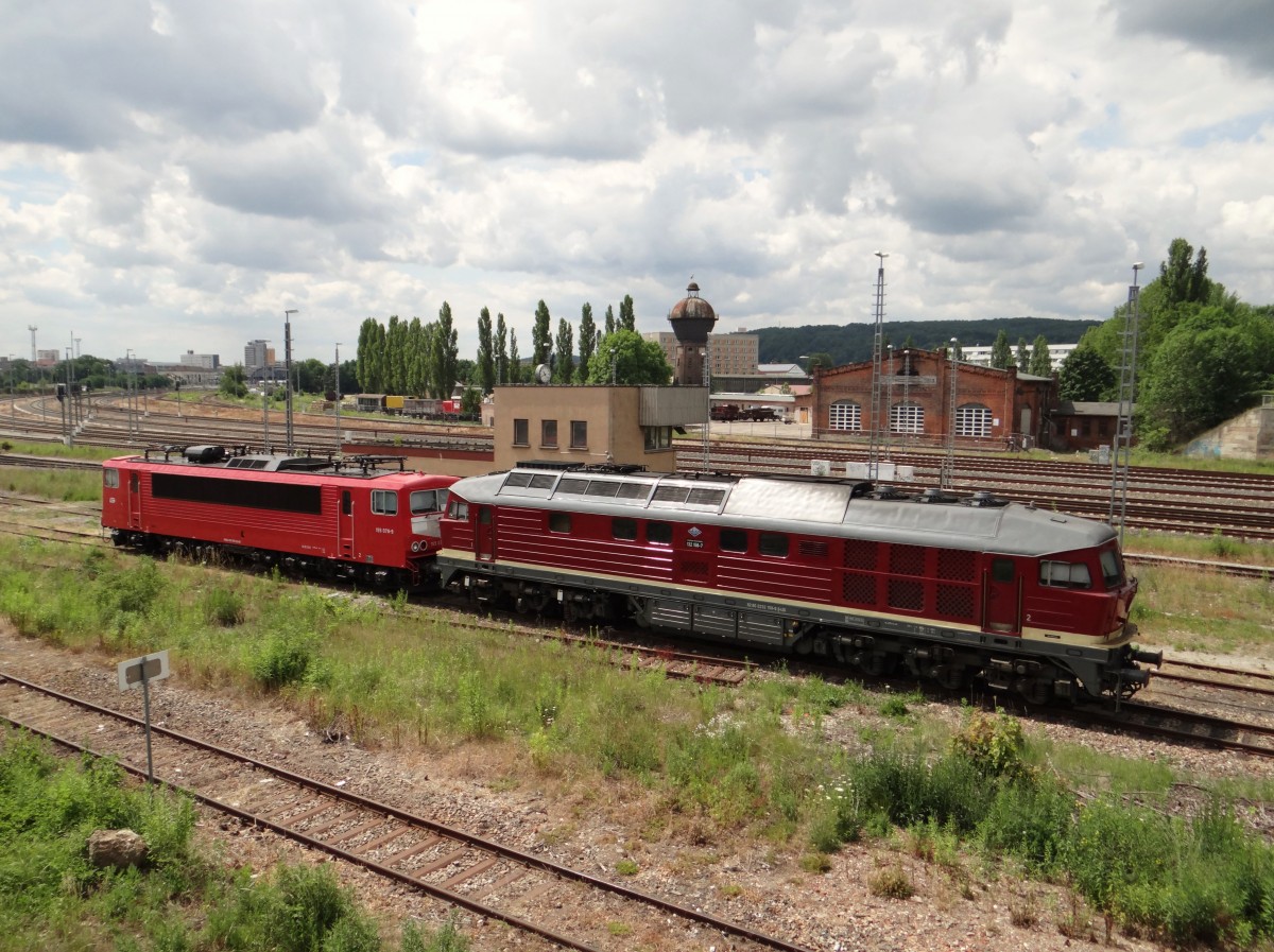 132 158 und 155 078 der LEG waren am 16.06.14 in Gera Hbf zusehen. 