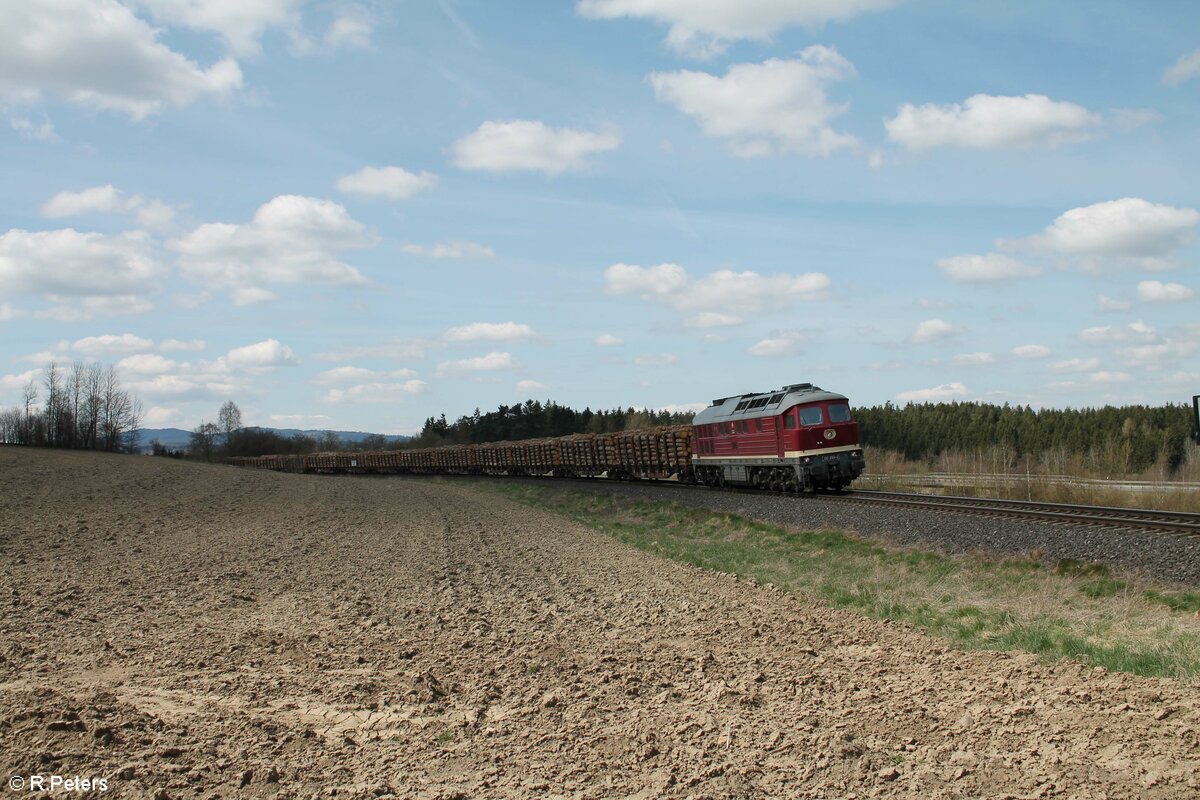 132 293-2 mit dem Holzzug nach Cheb bei Brand bei Marktredwitz. 18.04.22