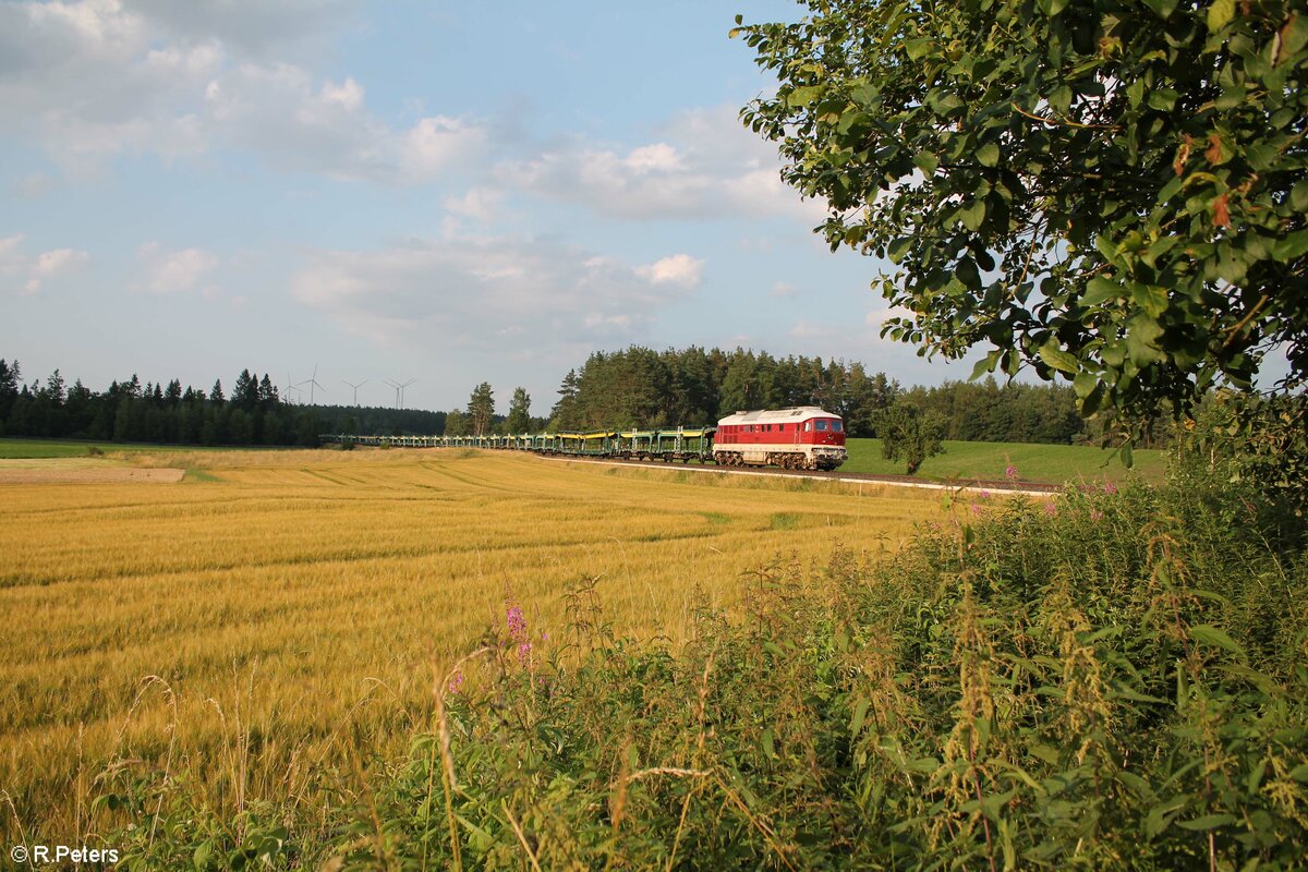 132 426 zieht ein ARS Altmann Leer Autotransportzug von Hof nach Chebbei Marktleuthen und 232 173 schiebt am Schluss. 22.07.21