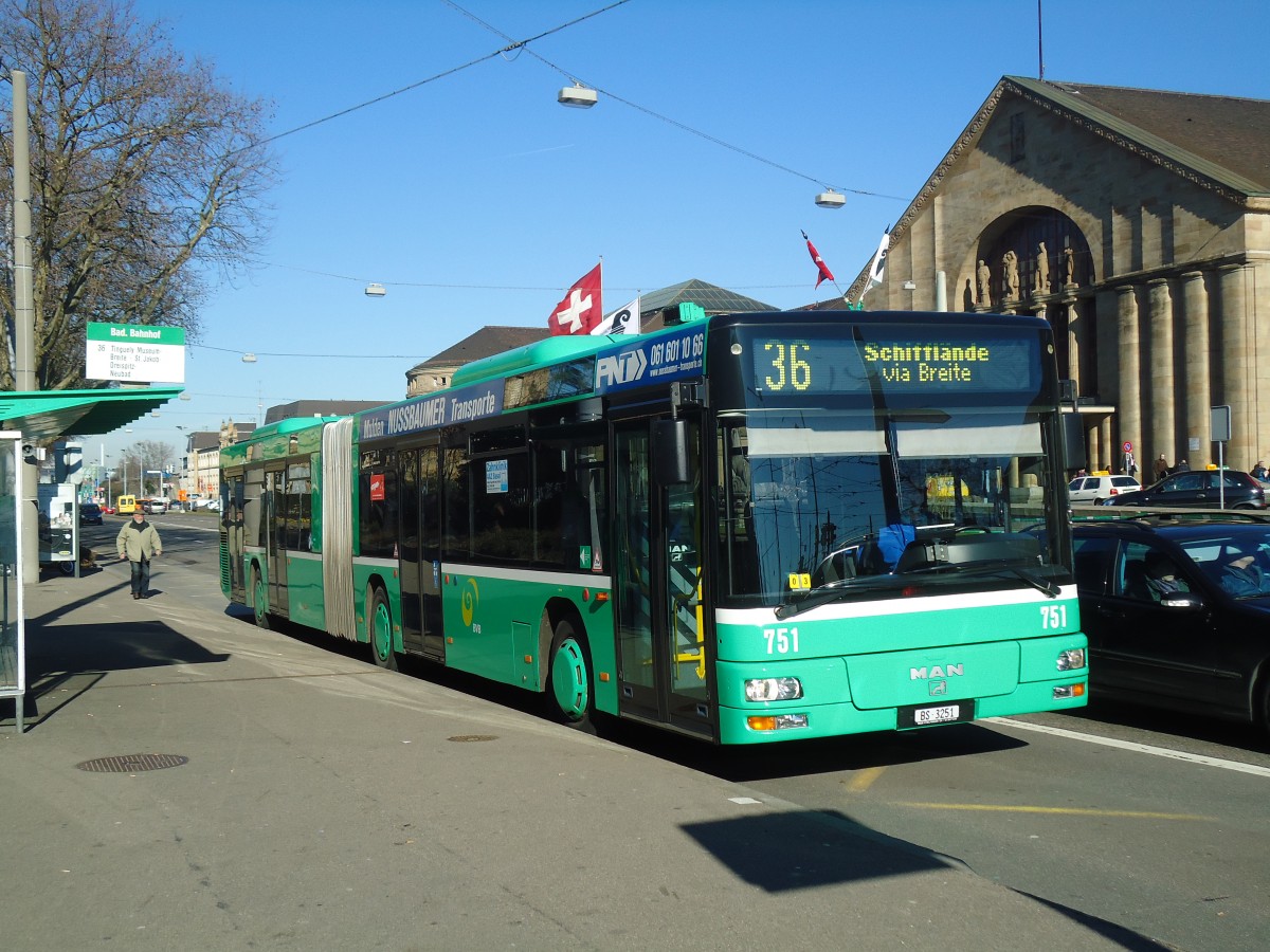 (132'522) - BVB Basel - Nr. 751/BS 3251 - MAN am 7. Feburar 2011 in Basel, Badischer, Bahnhof