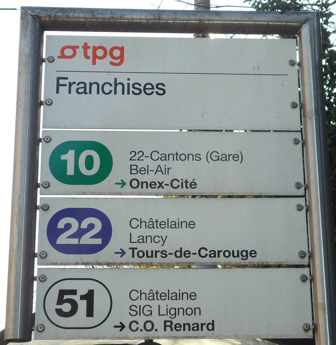 (132'850) - tpg-Haltestellenschild - Genve, Franchises - am 10. Mrz 2011