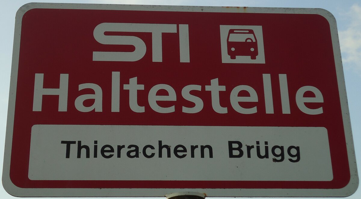 (133'306) - STI-Haltestellenschild - Thierachern, Thierachern Brgg - am 16. April 2011