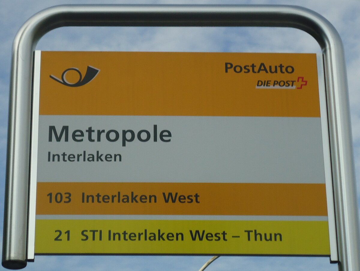 (134'556) - PostAuto/STI-Haltestellenschild - Interlaken, Metropole - am 27. Juni 2011