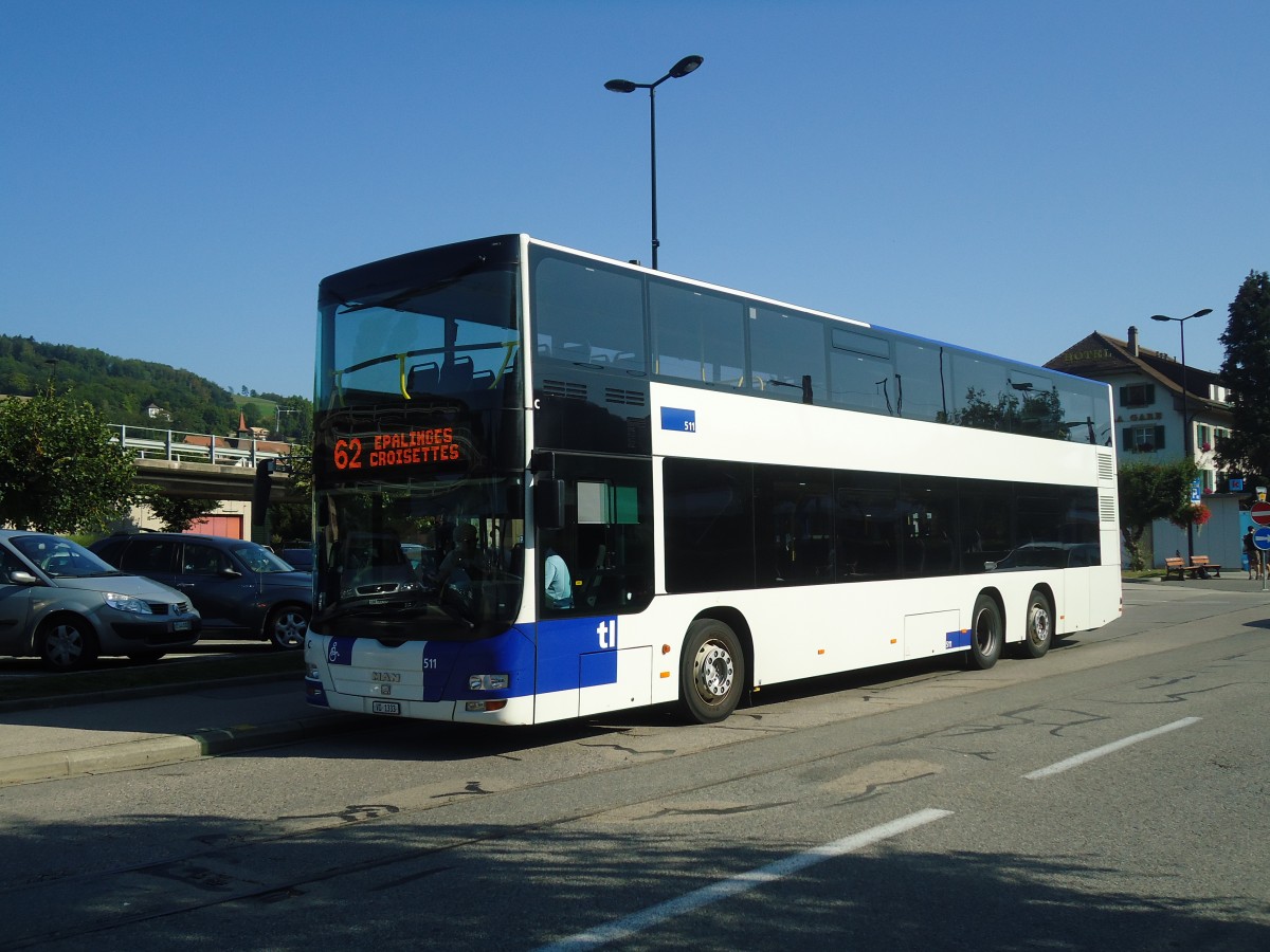 (135'557) - TL Lausanne - Nr. 511/VD 1333 - MAN am 20. August 2011 beim Bahnhof Moudon