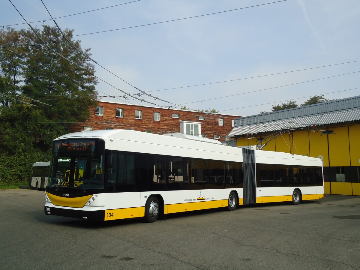 (136'050) - VBSH Schaffhausen - Nr. 104 - Hess/Hess Gelenktrolleybus am 25. September 2011 in Schaffhausen, Busdepot