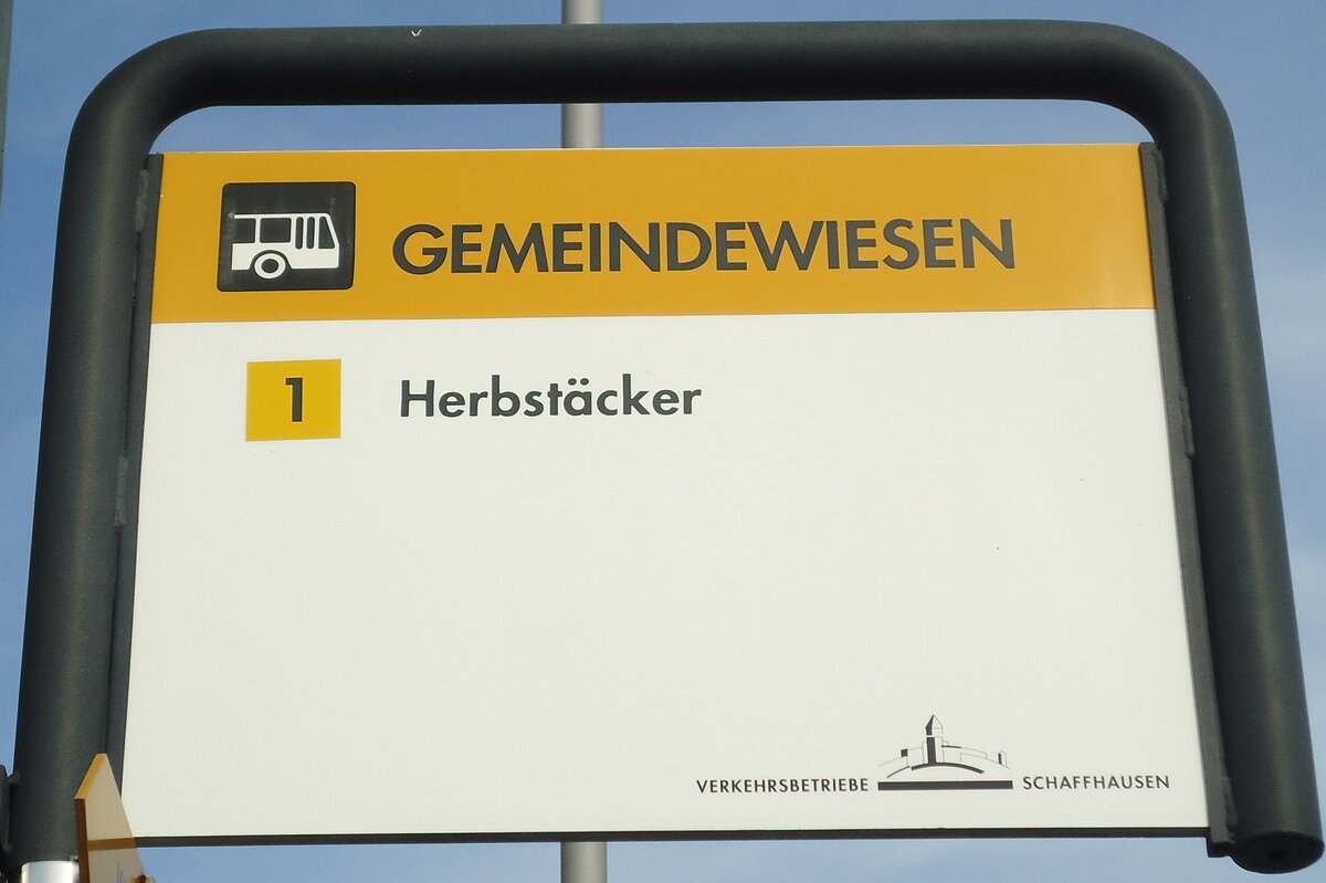 (136'176) - VERKEHRSBETRIEBE SCHAFFHAUSEN-Haltestellenschild - Neuhausen, Gemeindewiesen - am 25. September 2011