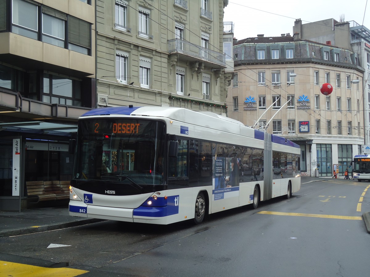 (137'261) - TL Lausanne - Nr. 842 - Hess/Hess Gelenktrolleybus am 18. Dezember 2011 in Lausanne, Bel-Air