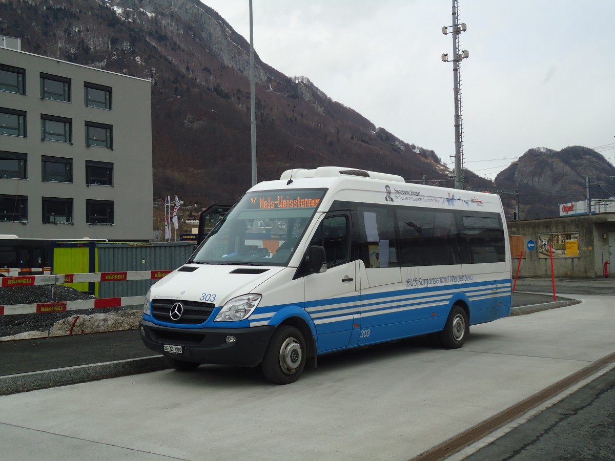 (137'952) - BSW Sargans - Nr. 303/SG 327'080 - Mercedes am 5. Mrz 2012 beim Bahnhof Sargans