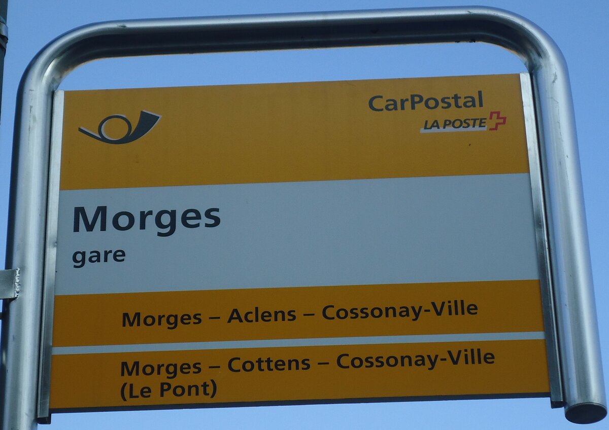 (138'157) - PostAuto-Haltestellenschild - Morges, gare - am 9. Mrz 2012