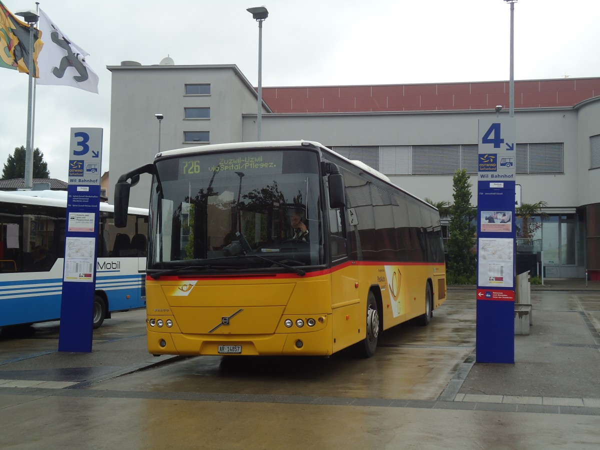 (138'801) - PostAuto Ostschweiz - AR 14'857 - Volvo (ex Nef, Hemberg) am 16. Mai 2012 beim Bahnhof Wil