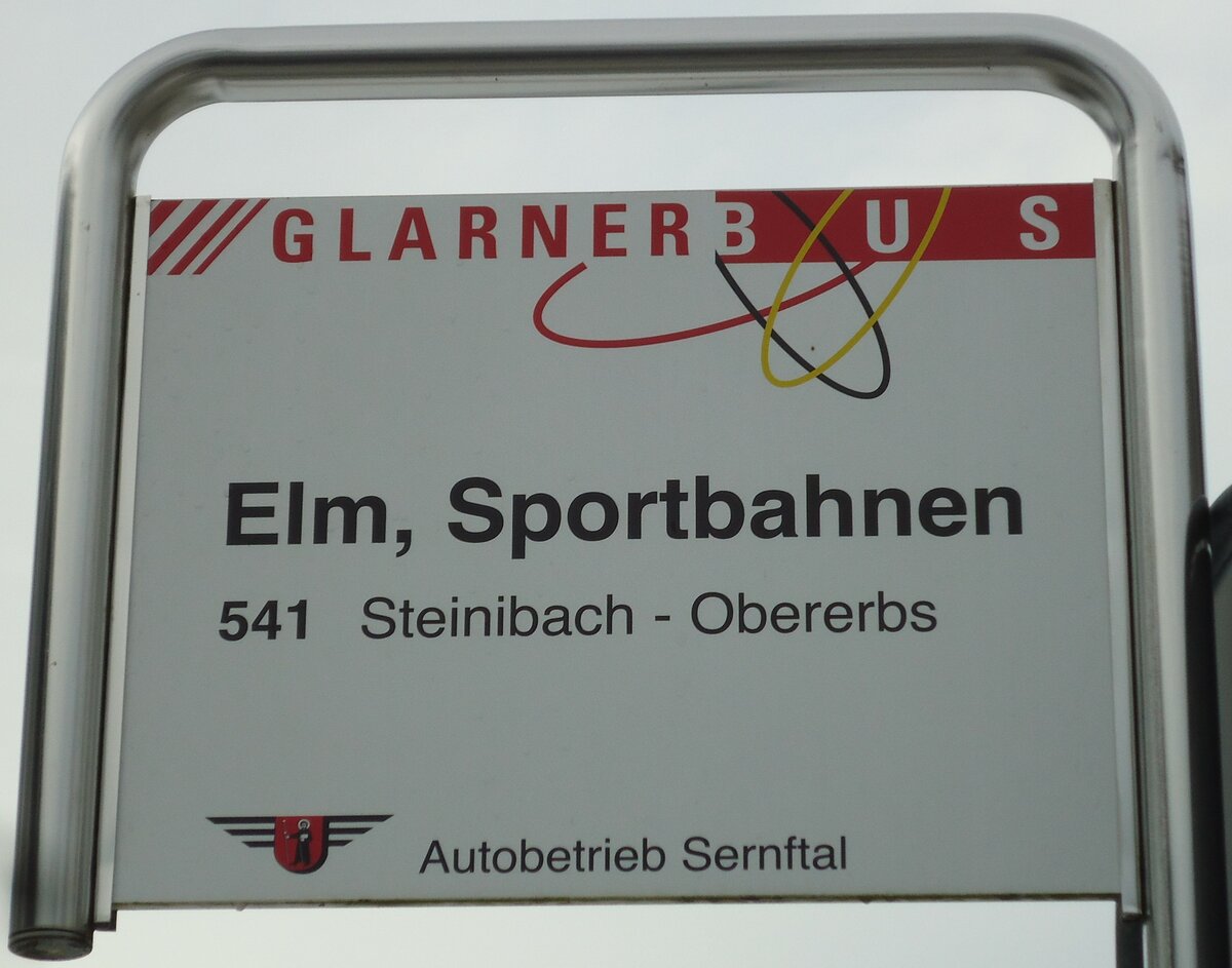 (142'589) - GLARNER BUS/Autobetrieb Sernftal-Haltestellenschild - Elm, Sportbahnen - am 23. Dezember 2012