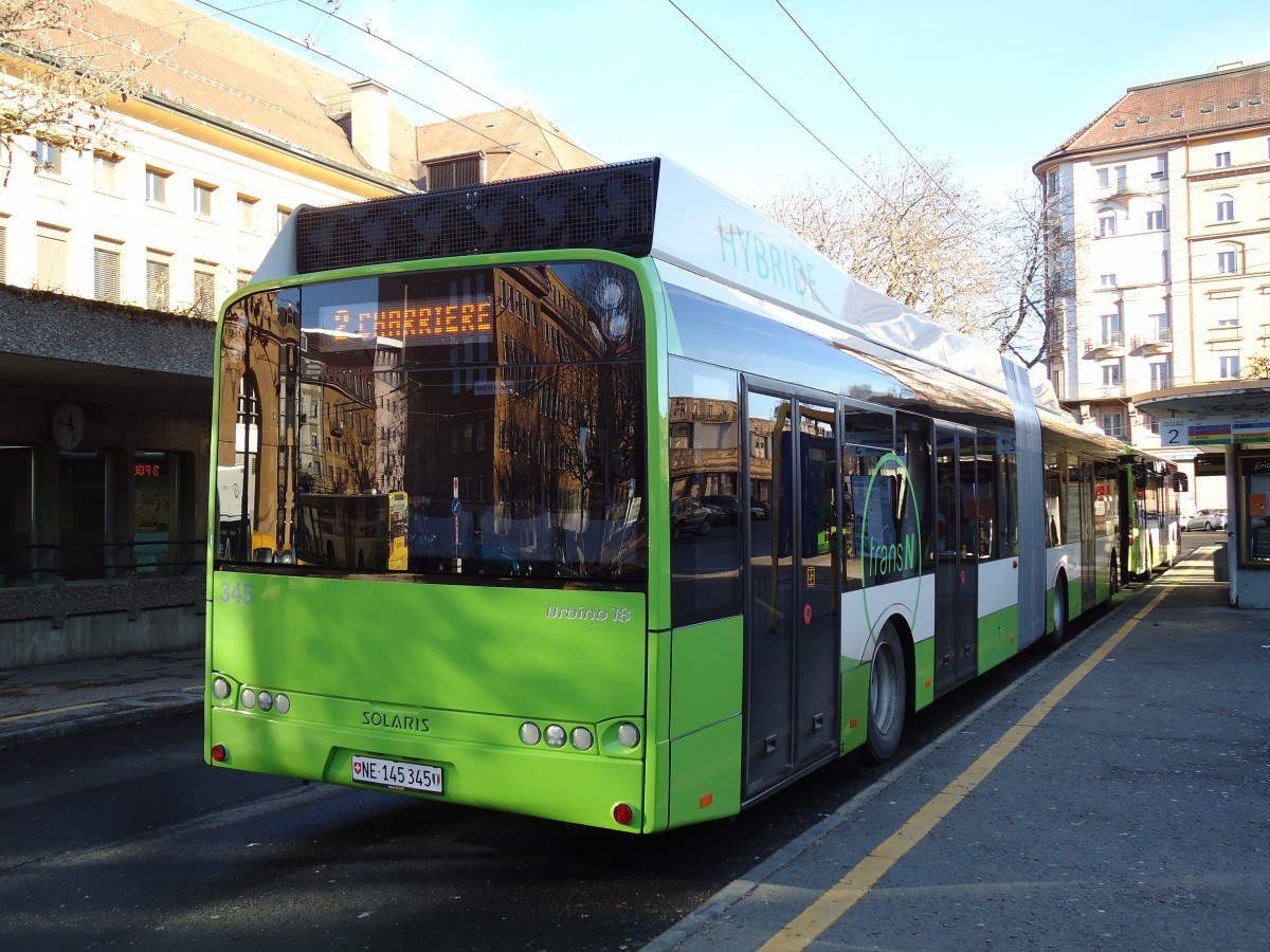 (142'786) - transN, La Chaux-de-Fonds - Nr. 345/NE 145'345 - Solaris am 29. Dezember 2012 beim Bahnhof La Chaux-de-Fonds