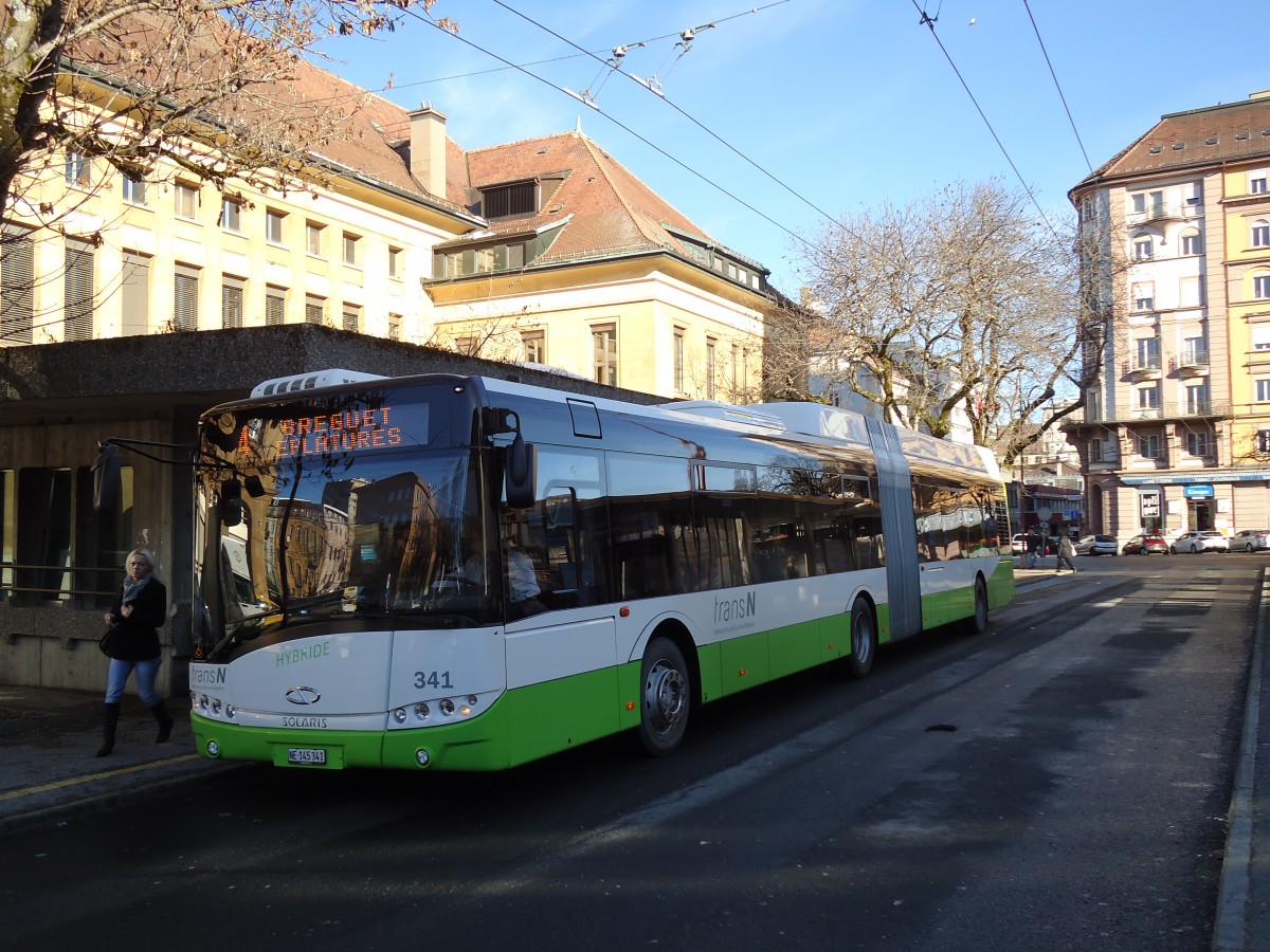 (142'788) - transN, La Chaux-de-Fonds - Nr. 341/NE 145'341 - Solaris am 29. Dezember 2012 beim Bahnhof La Chaux-de-Fonds