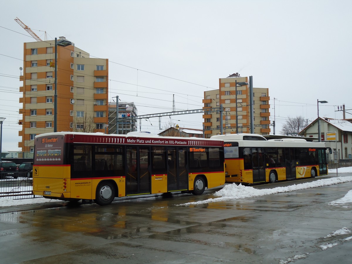 (143'105) - Klopfstein, Laupen - BE 193'594 - Lanz+Marti/Hess Personenanhnger am 21. Januar 2013 beim Bahnhof Ddingen