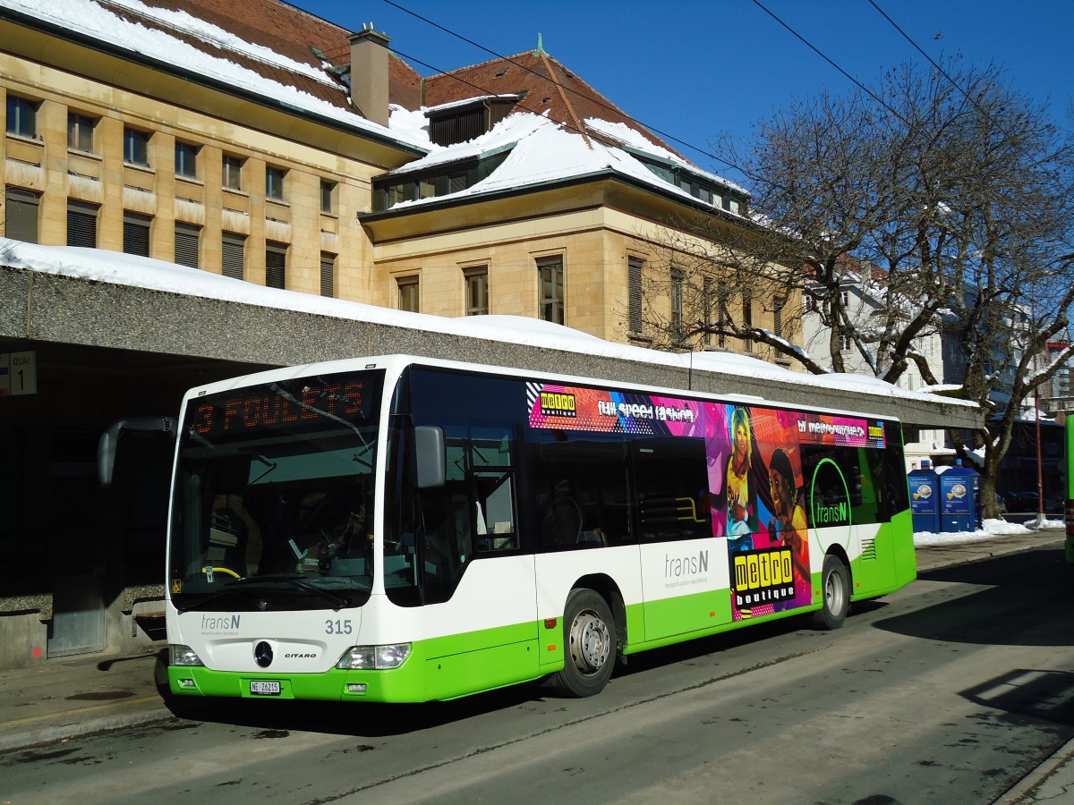 (143'254) - transN, La Chaux-de-Fonds - Nr. 315/NE 26'215 - Mercedes (ex TRN La Chaux-de-Fonds Nr. 315) am 19. Februar 2013 beim Bahnhof La Chaux-de-Fonds