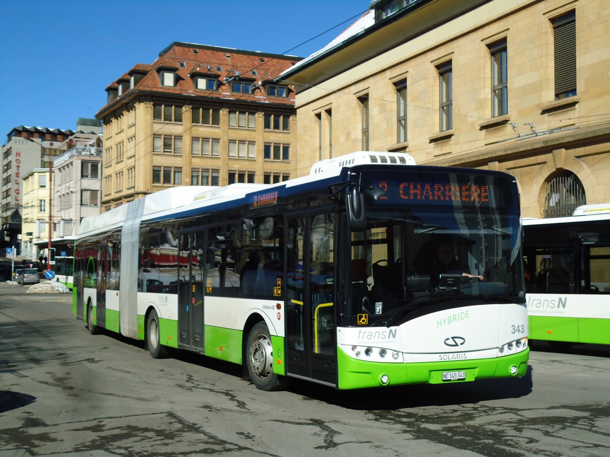 (143'274) - transN, La Chaux-de-Fonds - Nr. 343/NE 145'343 - Solaris am 19. Februar 2013 beim Bahnhof La Chaux-de-Fonds