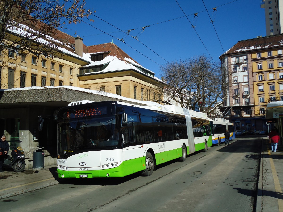 (143'277) - transN, La Chaux-de-Fonds - Nr. 345/NE 145'345 - Solaris am 19. Februar 2013 beim Bahnhof La Chaux-de-Fonds