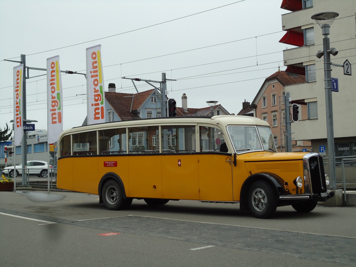 (143'711) - Baumgartner, Horn - Nr. 4/SG 112'580 - Saurer/Saurer (ex Nr. 2; ex Montegazzi, Riva San Vitale; ex AMSA Chiasso Nr. 20; ex OAK Wangen a.A. Nr. 10; ex P 23'082; ex P 2134) am 20. April 2013 beim Bahnhof Goldach