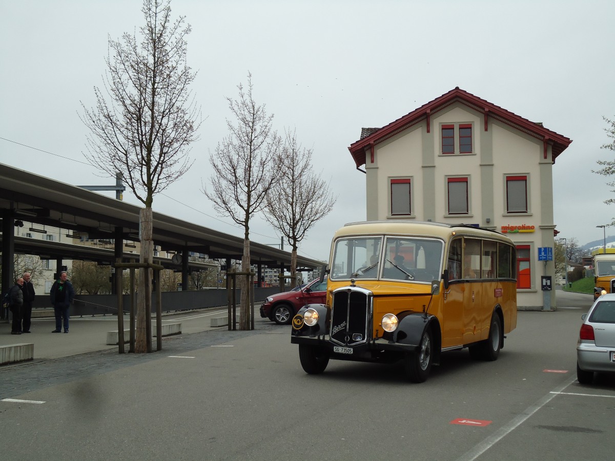 (143'716) - Baumgartner, Horn - Nr. 1/SG 73'505 - Berna/Hess (ex Chiesa, Minusio) am 20. April 2013 beim Bahnhof Goldach