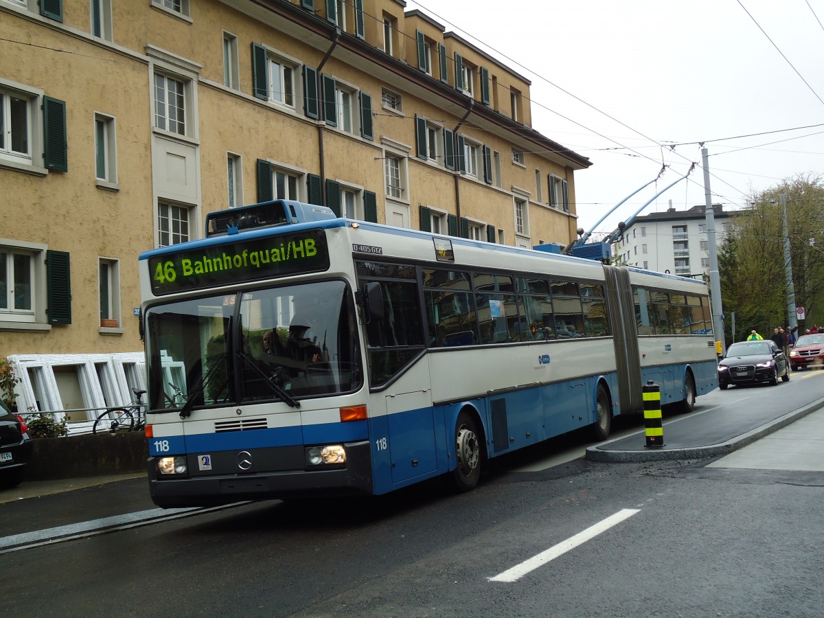 (143'763) - VBZ Zrich - Nr. 118 - Mercedes Gelenktrolleybus am 21. April 2013 in Zrich, Lehenstrasse