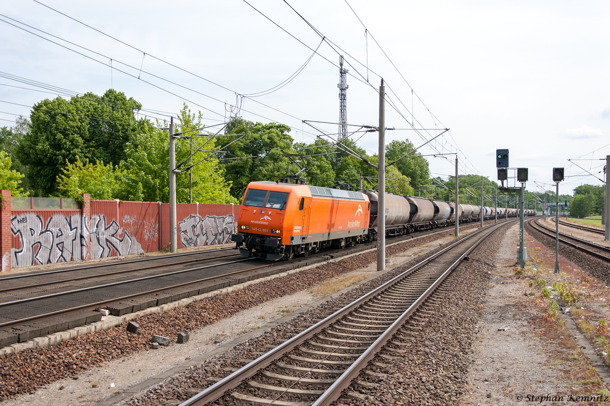 145-CL 001 (145 081-6) ArcelorMittal Eisenhüttenstadt Transport GmbH mit dem Staubpendel von Ziltendorf nach Lünen in Rathenow. 31.05.2015