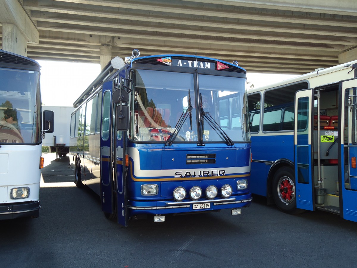 (145'811) - Steinauer, Einsiedeln - SZ 25'115 - Saurer/R&J (ex Albin, Fllanden; ex SBB Bern; ex Solr&Fontana, Ilanz; ex P 24'359) am 20. Juli 2013 in Seewen, Senn Transporte