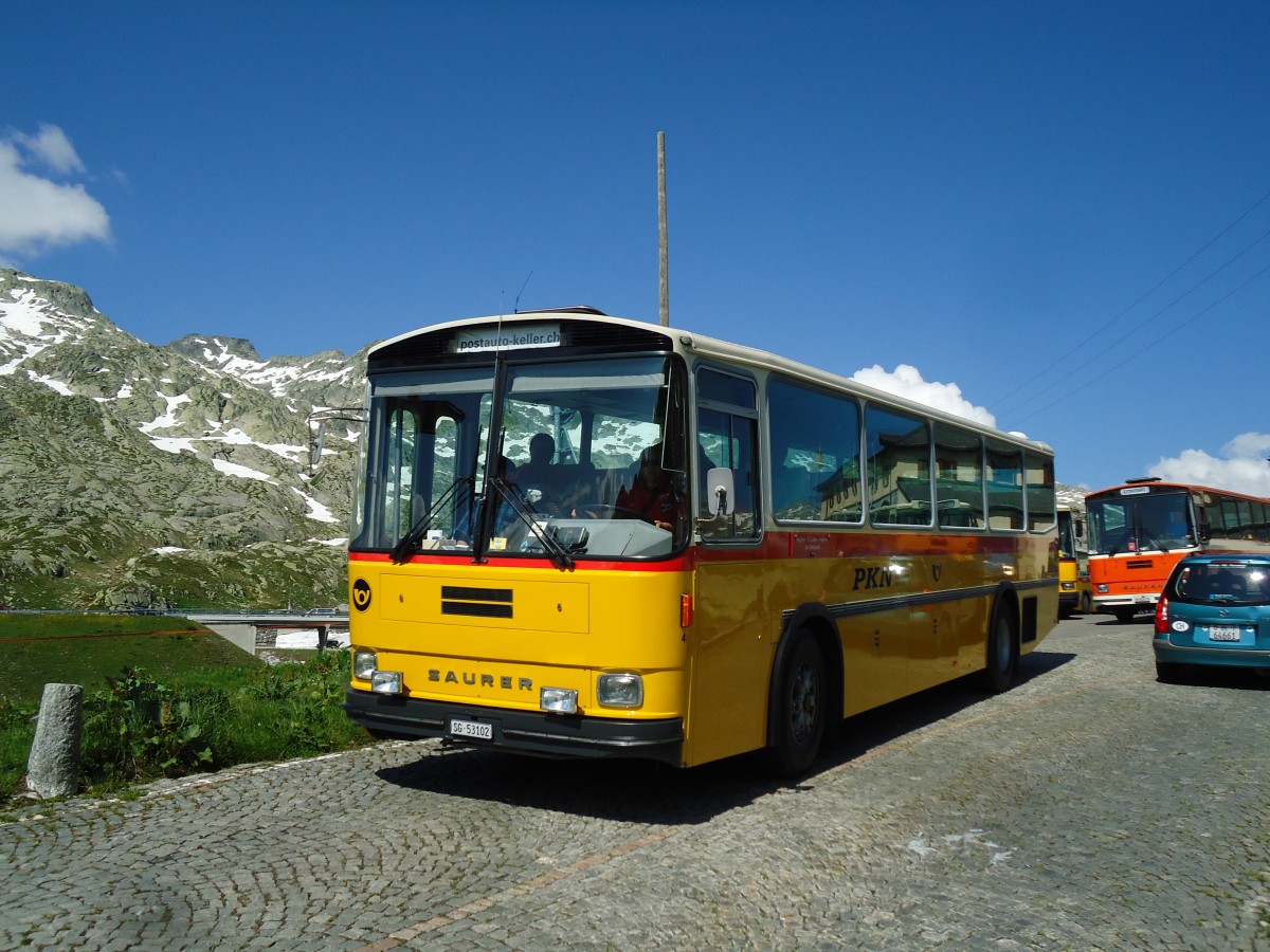 (145'847) - Keller, Niederwil - Nr. 4/SG 53'102 - Saurer/R&J (ex Keller, Hottwil Nr. 5; ex P 25'303; ex P 25'354) am 20. Juli 2013 in Gotthard, Passhhe