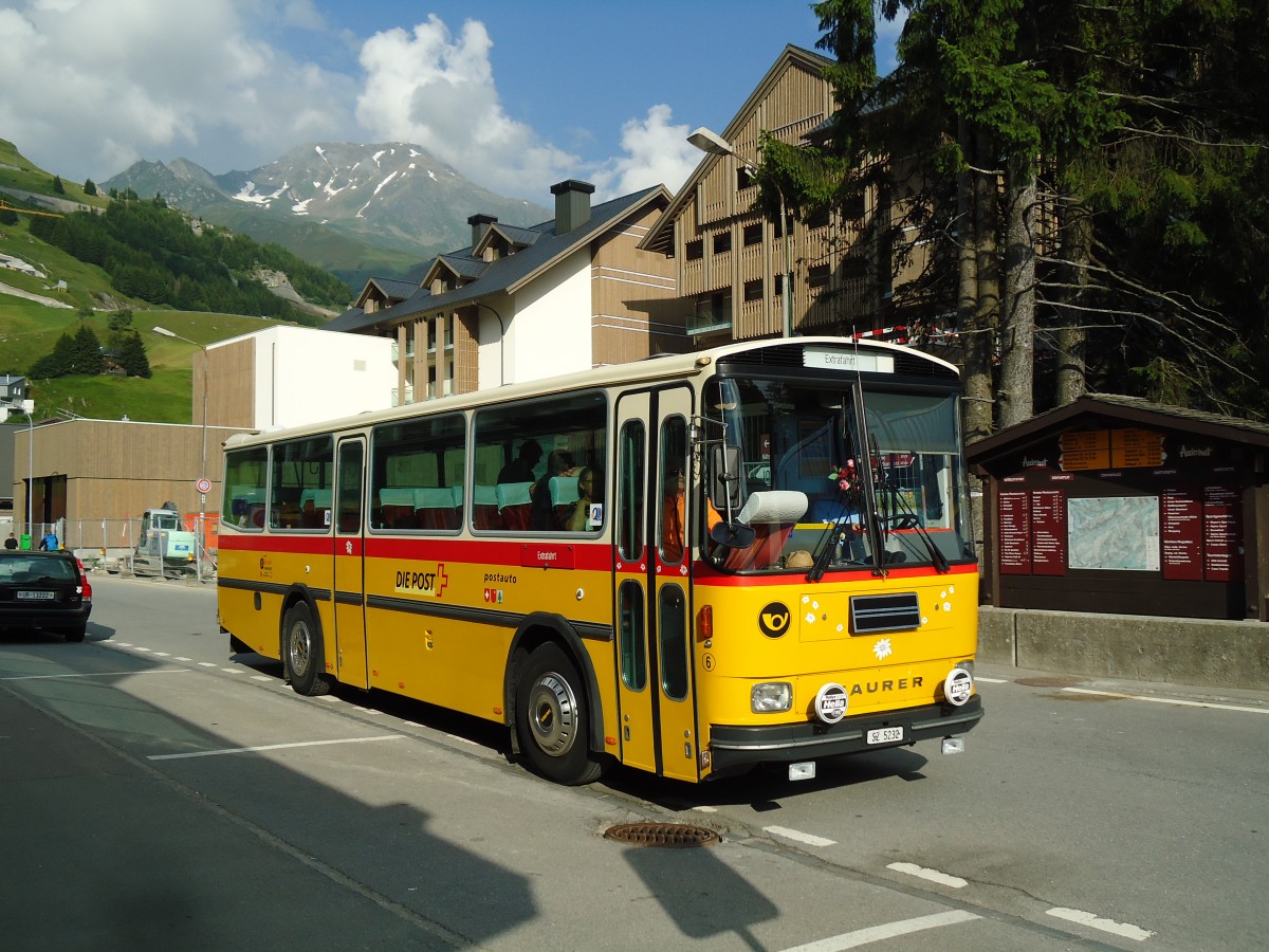 (145'979) - Fssler, Unteriberg - Nr. 6/SZ 5232 - Saurer/R&J (ex Schrch, Gutenburg Nr. 6; ex P 24'358) am 20. Juli 2013 beim Bahnhof Andermatt